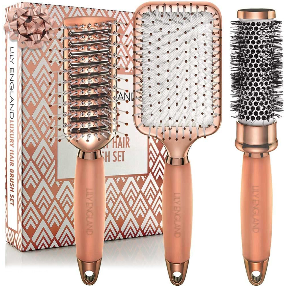 Lily England Gold Hair Brush Set - Luxury Professional Rose Hairbrushes For Detangling, Blow Drying, Straightening - Suitable For All Hair Types By