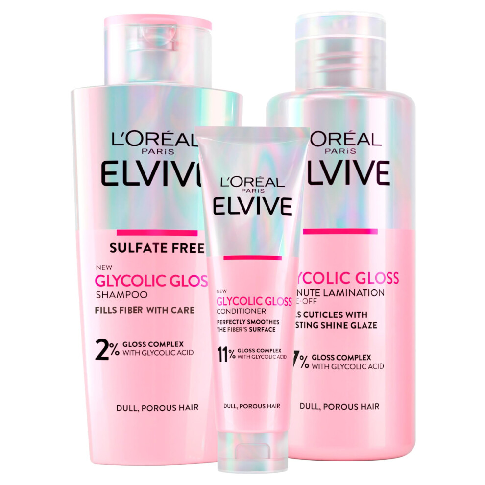 Photos - Hair Product LOreal L'Or?al Paris Elvive Glycolic Gloss Conditioner 150ml + Shampoo 200ml + Lamination Treatment 5 Minutes 200ml Set for Dull an 