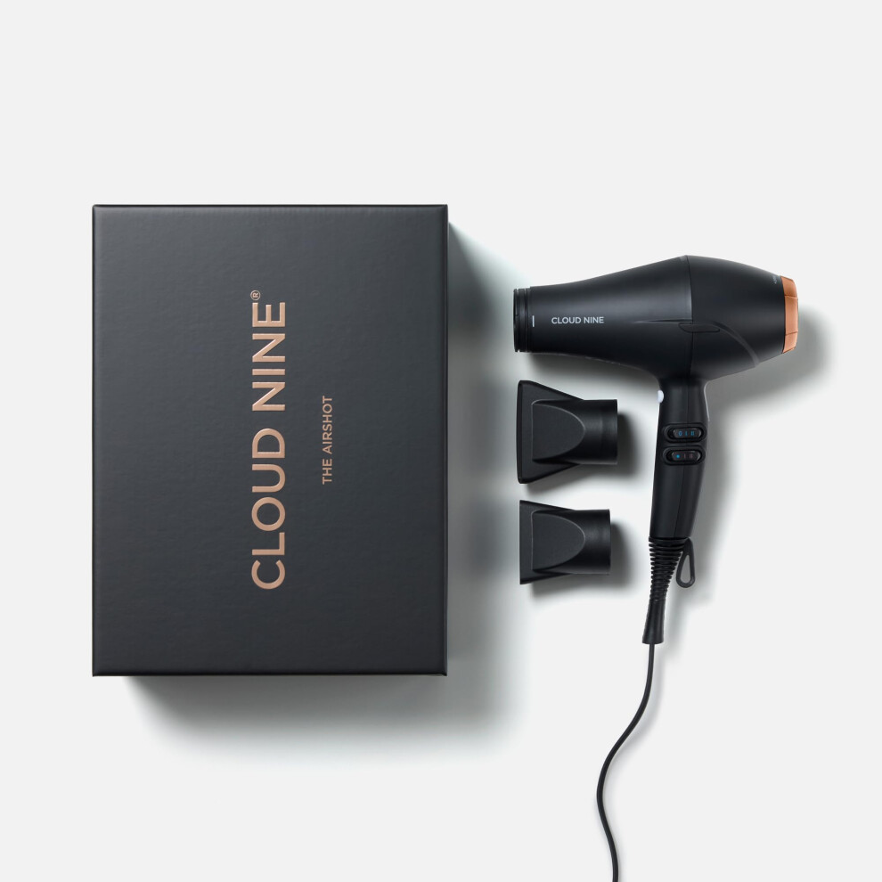 Cloud Nine The Airshot Hair Dryer Edition | Fast Compact 2000W All Hair Types | Variable Temperature Control Low Mid High | Two Nozzles Included Gold