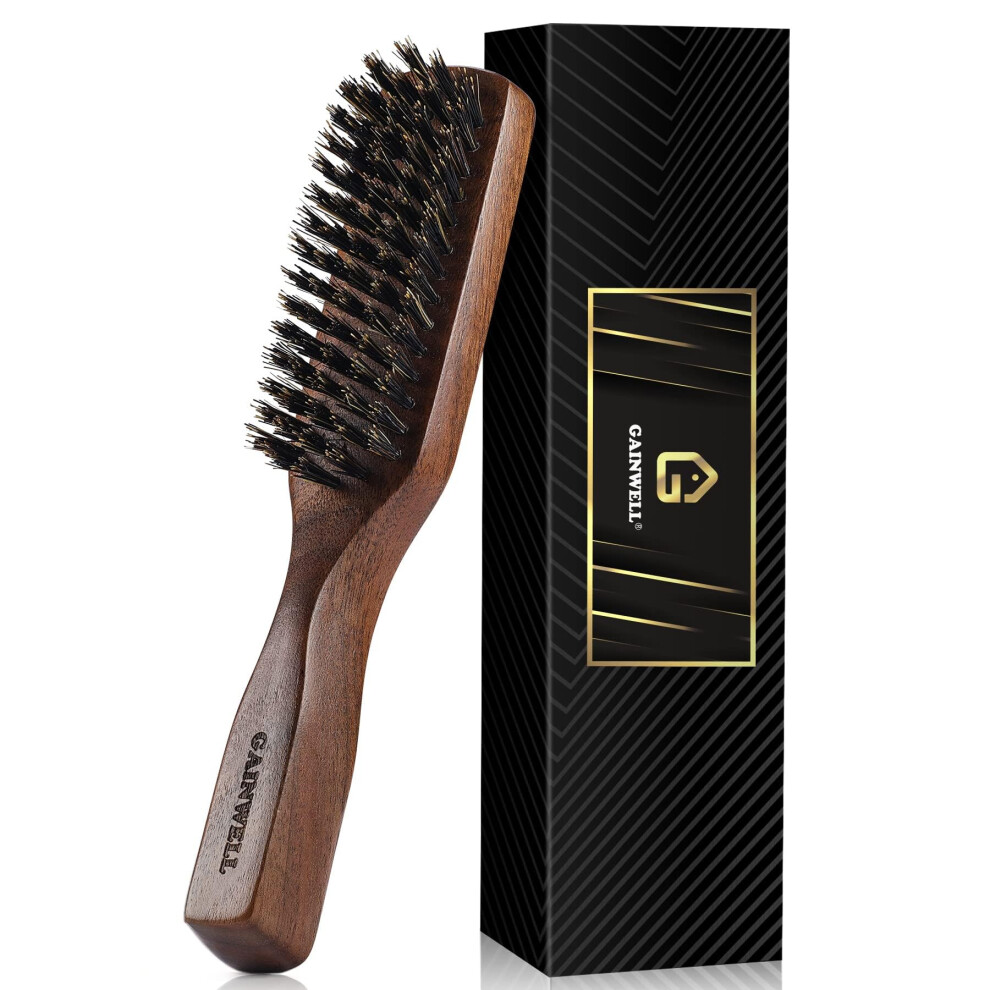 Gainwell Black Wild Boar Bristle Slick Back Hair Brush, Mens Beard Brush Stiff Bristles For Thick Hair, Natural Walnut Wooden Handle Hairbrush