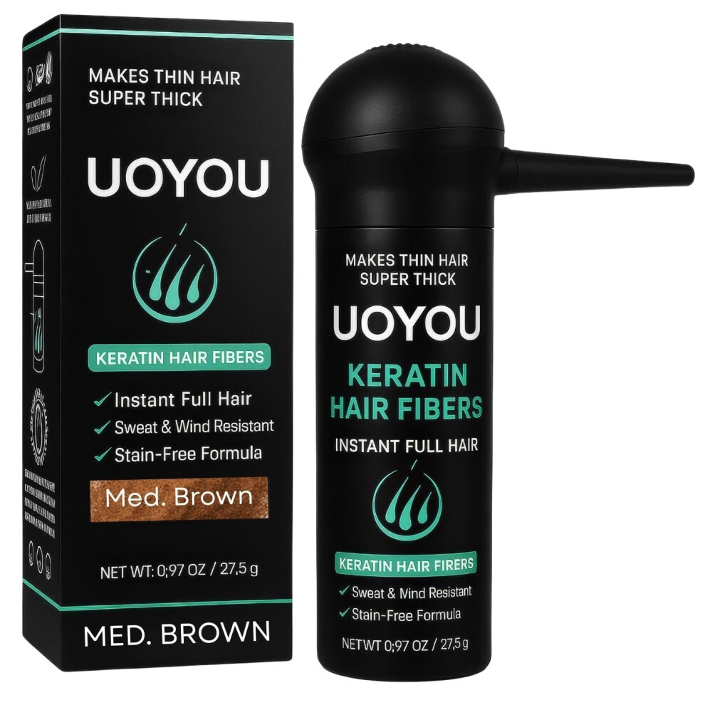 Uoyou Brown Hair Fibres Medium 27.5G With Pump Applicator ? Natural Keratin Hair Building Fibers For Thinning Hair ? Undetectable, Sweat- &