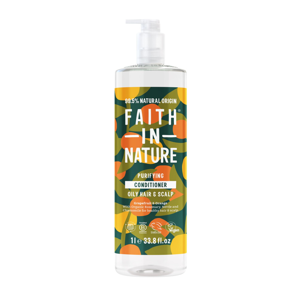 Faith In Nature 1L Natural Grapefruit & Conditioner, Purifying For Oily Hair & Scalp, Vegan & Cruelty Free, No Sls, Silicones Or Parabens, Orange