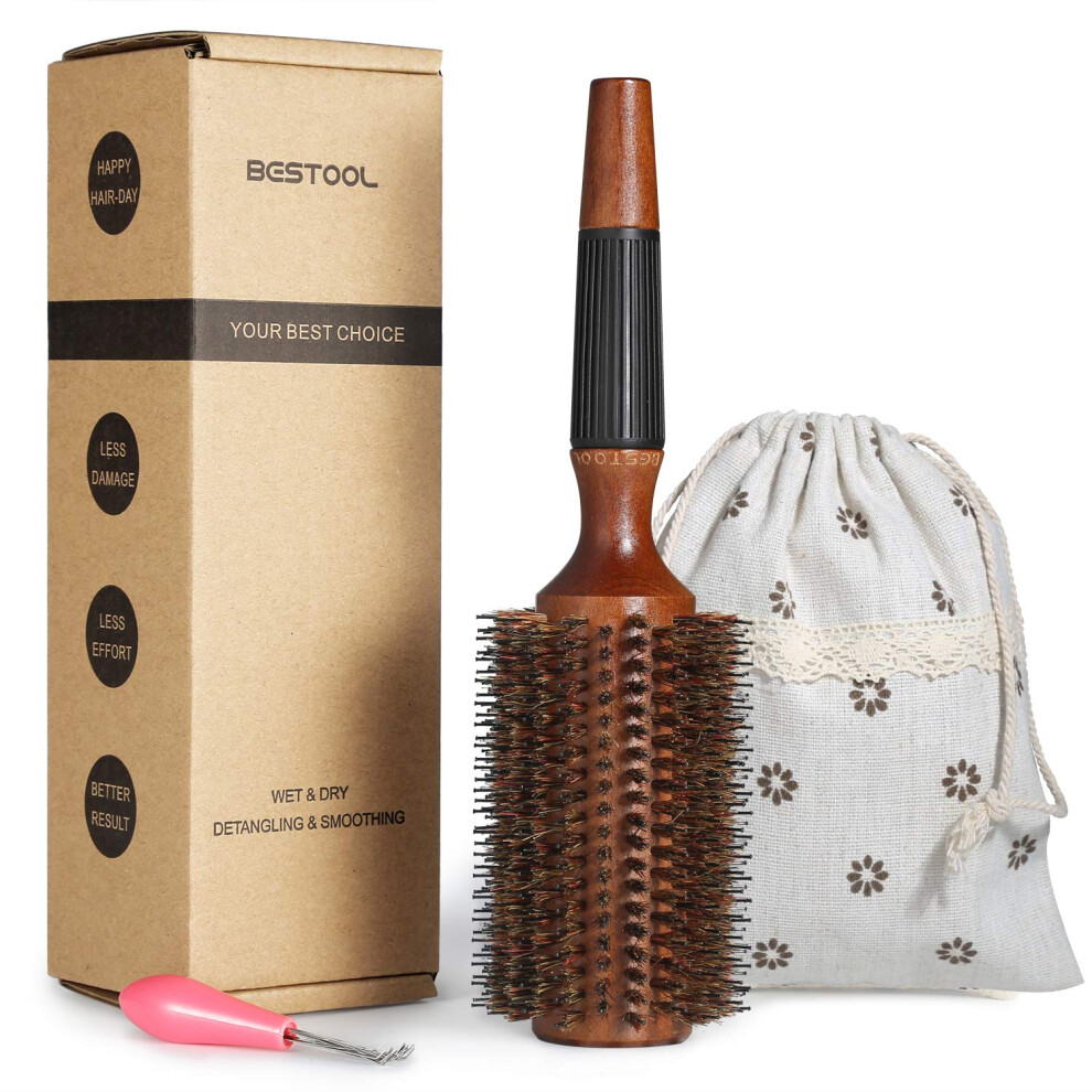 Bestool Women's Round Brush For Blow Drying, Boar Bristle Round Hair Brush With Wooden Barrel, Large Round Styling Brush For & Men, Straightening,