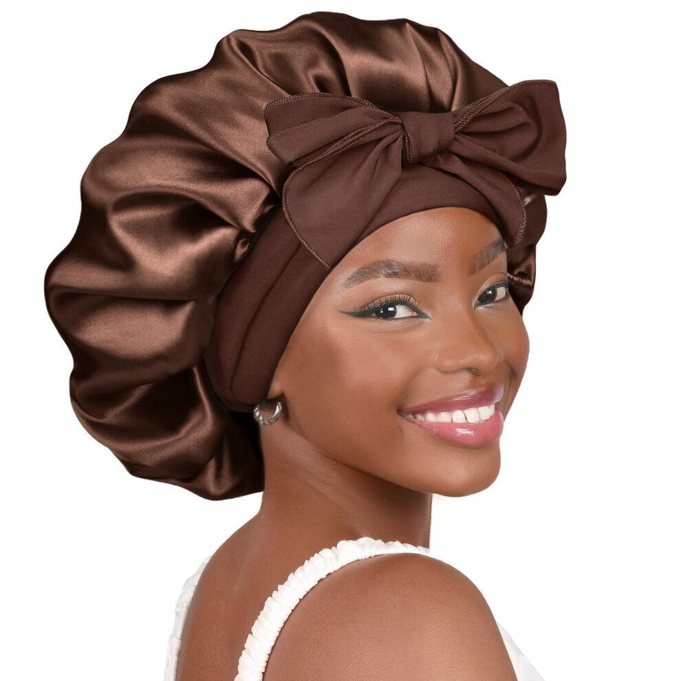 Yanibest Unisex Brown Silk Bonnet For Sleeping Women Satin Bonnet Double Layer Satin Lined Hair Bonnet With Tie Band Curly Hair