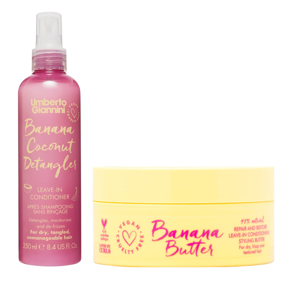 Umberto Giannini Cream Coily Banana Butter Vegan Leave-In Conditioner 200Ml & Banana Coconut Detangler 250Ml - Leave In Conditioning Spray & Duo
