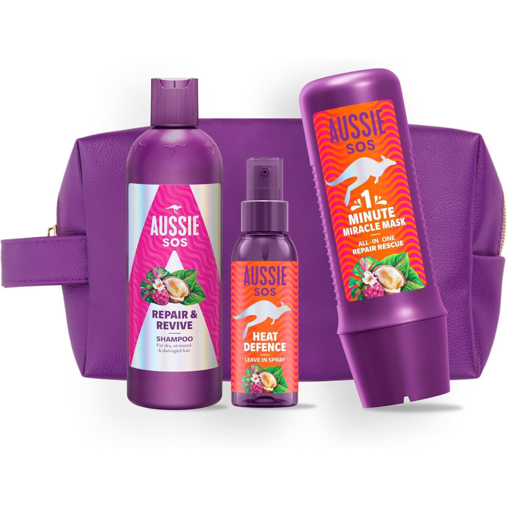Aussie "Aussie Sos Repair Gift Set - Repair & Revive Shampoo 300Ml + Heat Defence Spray 100Ml + 1 Minute Miracle Rescue Mask 250Ml, Helps Repair Dry And