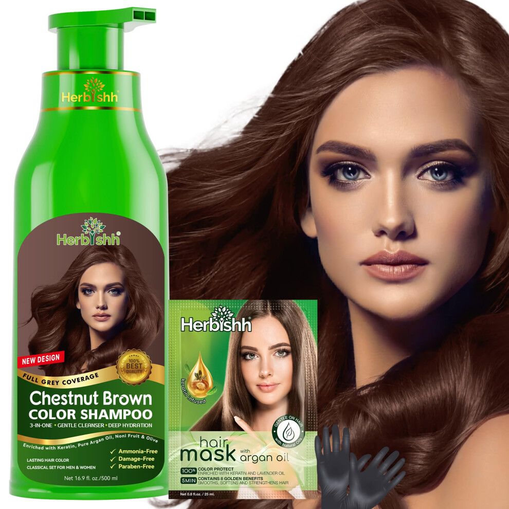 Herbishh Brown Hair Color Shampoo ? 3-In-1 Dark Dye For Gray Hair ? Ammonia-Free Long-Lasting Color ? 500Ml ? Colors Hair In Minutes (Chestnut )