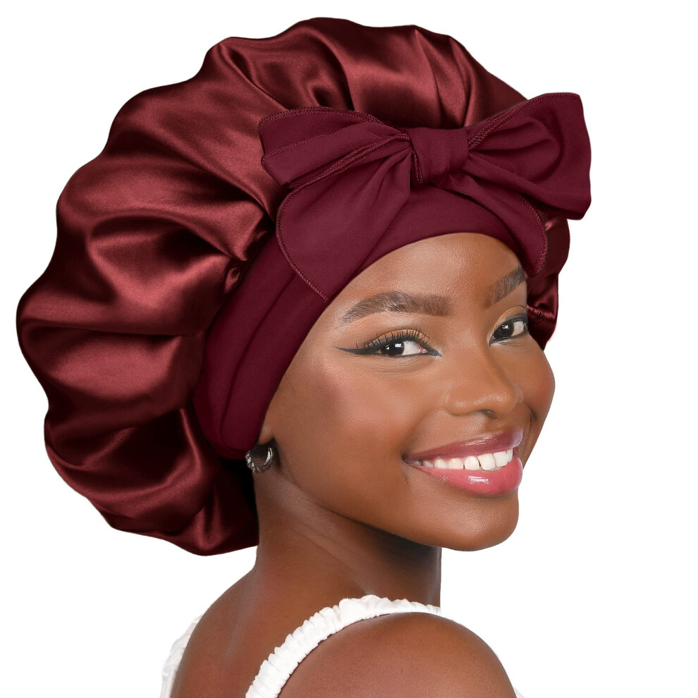 Yanibest Unisex Red Silk Bonnet For Sleeping Women Satin Bonnet Double Layer Satin Lined Hair Bonnet With Tie Band Curly Hair Burgundy