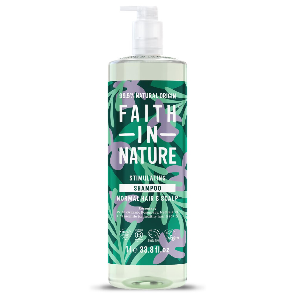 Faith In Nature 1L Natural Rosemary Shampoo, Stimulating For Normal Hair & Scalp, Vegan & Cruelty Free, No Sls, Silciones Or Parabens, Family Size