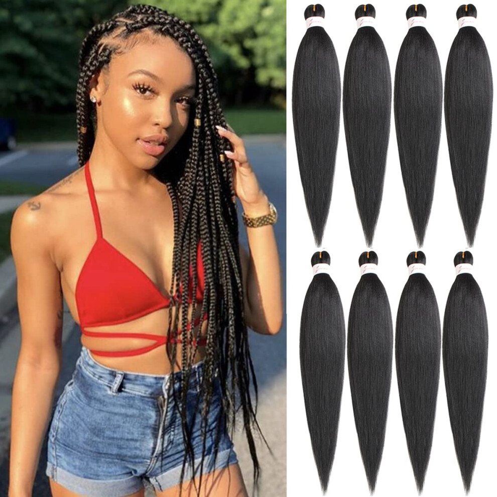 Leeven 8 Packs Pre Stretched Braiding Hair Extension Yaki Texture Hot Water Setting Ez Braids Kanekalon Hair For Coi Leray Braids Black Braiding