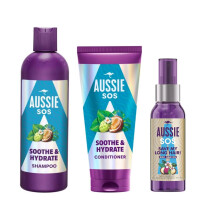 "Aussie SOS Soothe & Hydrate Bundle contains Shampoo 300ml, Conditioner 200ml & Aussie SOS Save My Lengths 3 in 1 Hair Oil 100ml, Leaving It Soft,