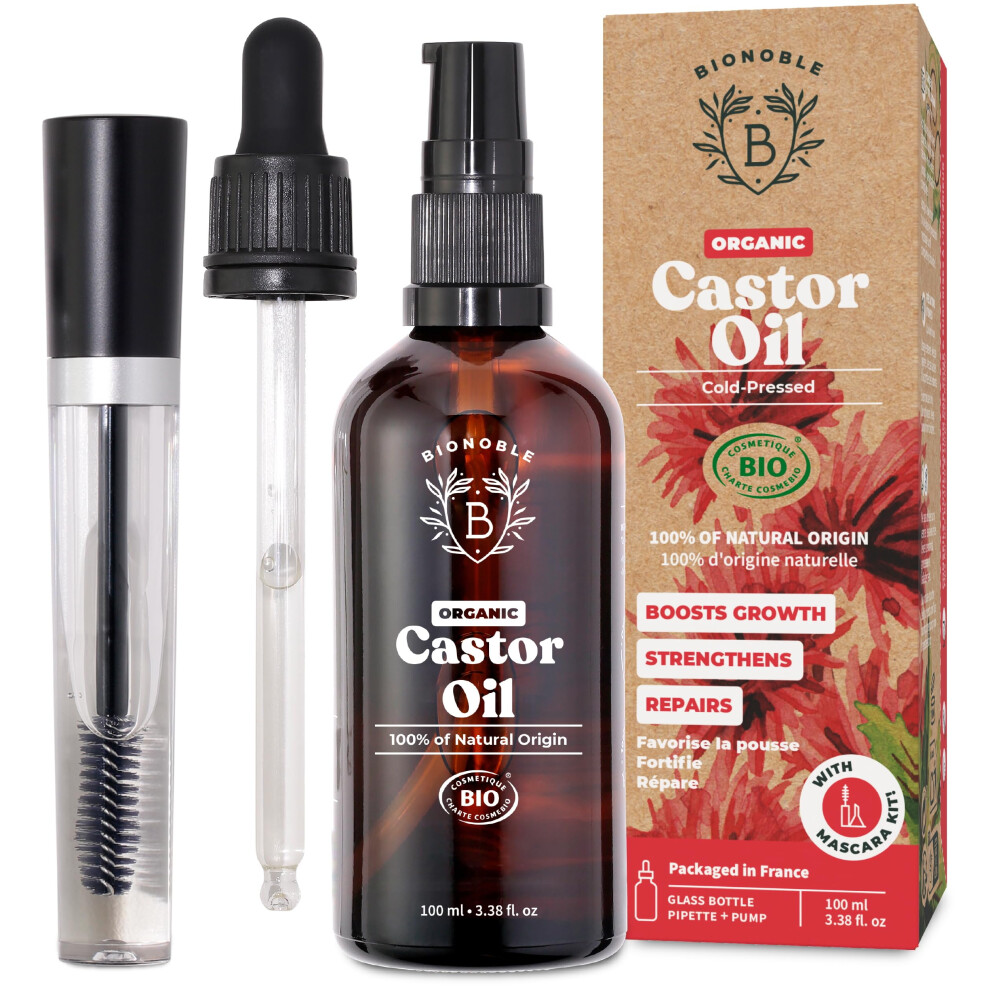 Bionoble Organic Castor Oil Cold Pressed + Mascara Kit - Hexane Free, 100% Natural - Pure Castor Oil Organic For Eyelashes, Hair Growth, Eyebrows,
