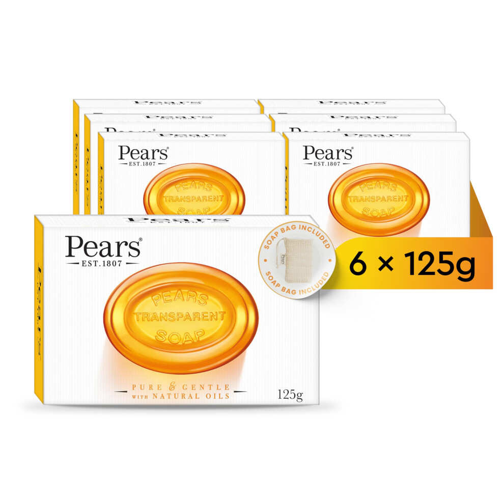 Pears Amber Natural Soap Bars 125G 6 Pack + 1X Soap Bag