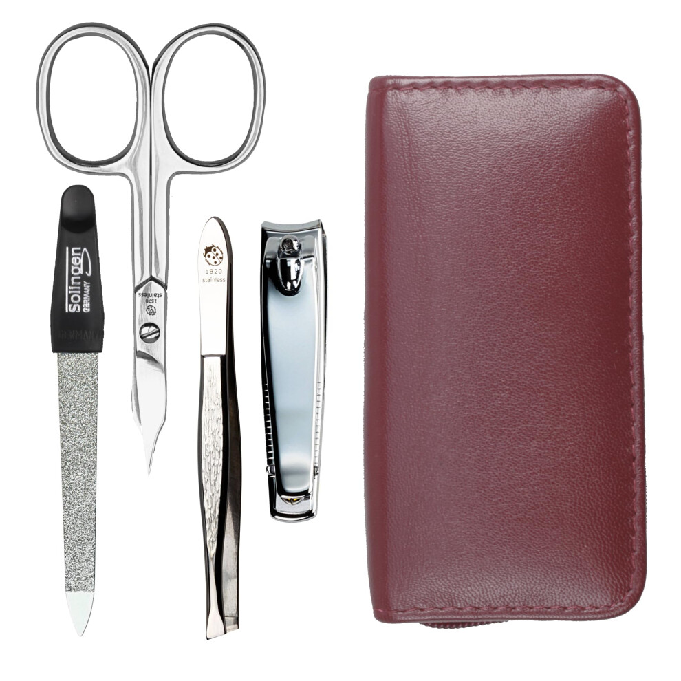 Sonnenschein By Hans Kniebes Manicure Set 4-Piece Travel Case - Nail Scissors, Nail Clippers, Nail File And Tweezers - Case Made Of Genuine Nappa Lambskin Leather - Manicure And