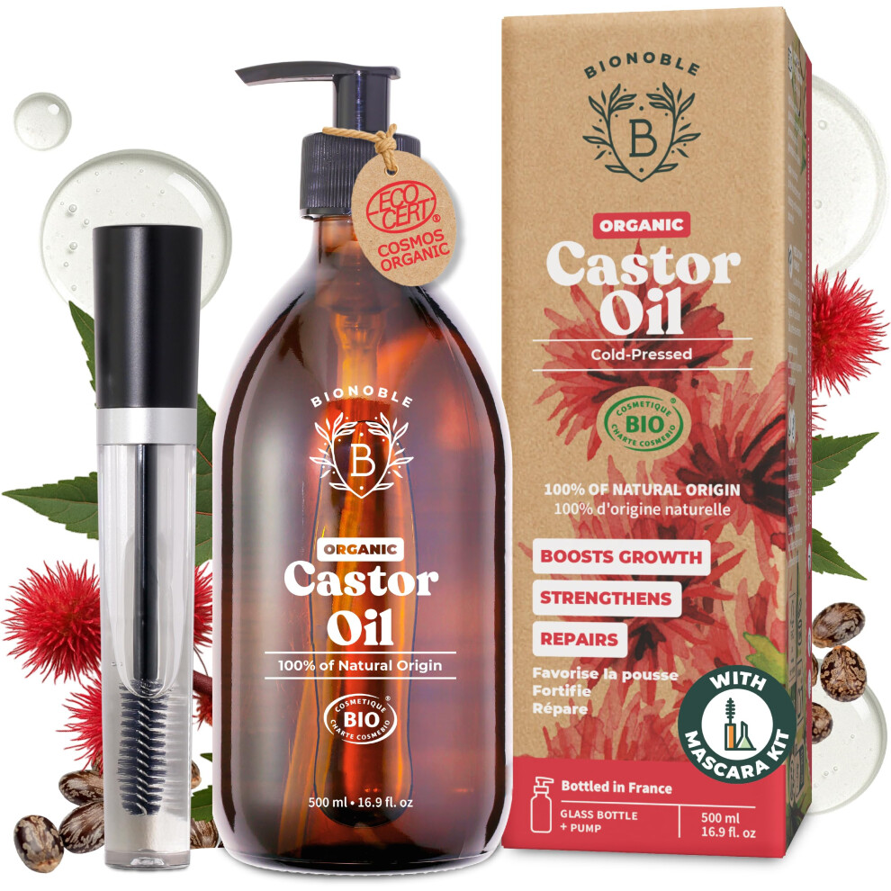 Bionoble Organic Castor Oil Cold Pressed + Mascara Kit - Hexane Free, 100% Natural - Pure Castor Oil Organic For Eyelashes, Hair Growth, Eyebrows,