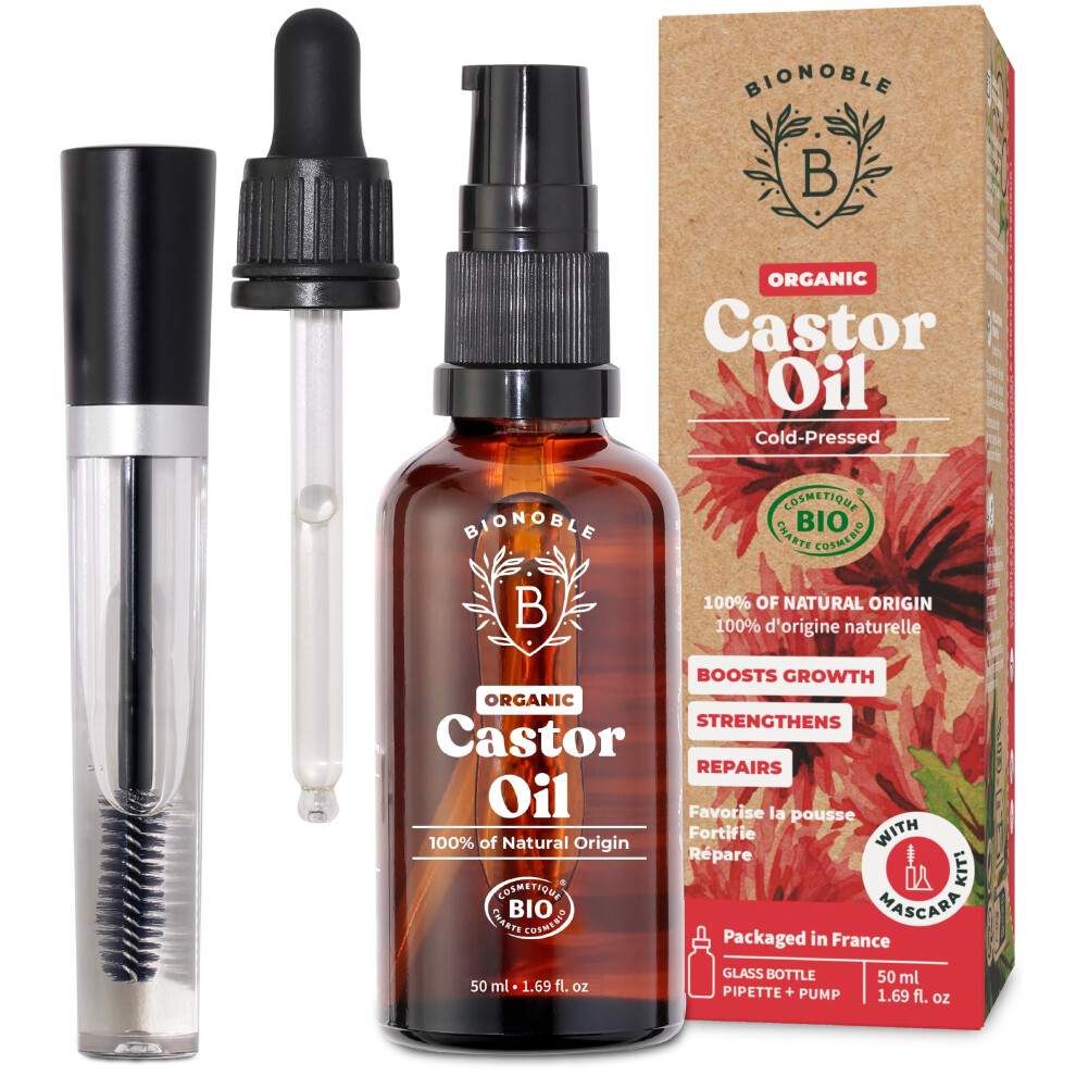 Bionoble Organic Castor Oil Cold Pressed + Mascara Kit - Hexane Free, 100% Natural - Pure Castor Oil Organic For Eyelashes, Hair Growth, Eyebrows,