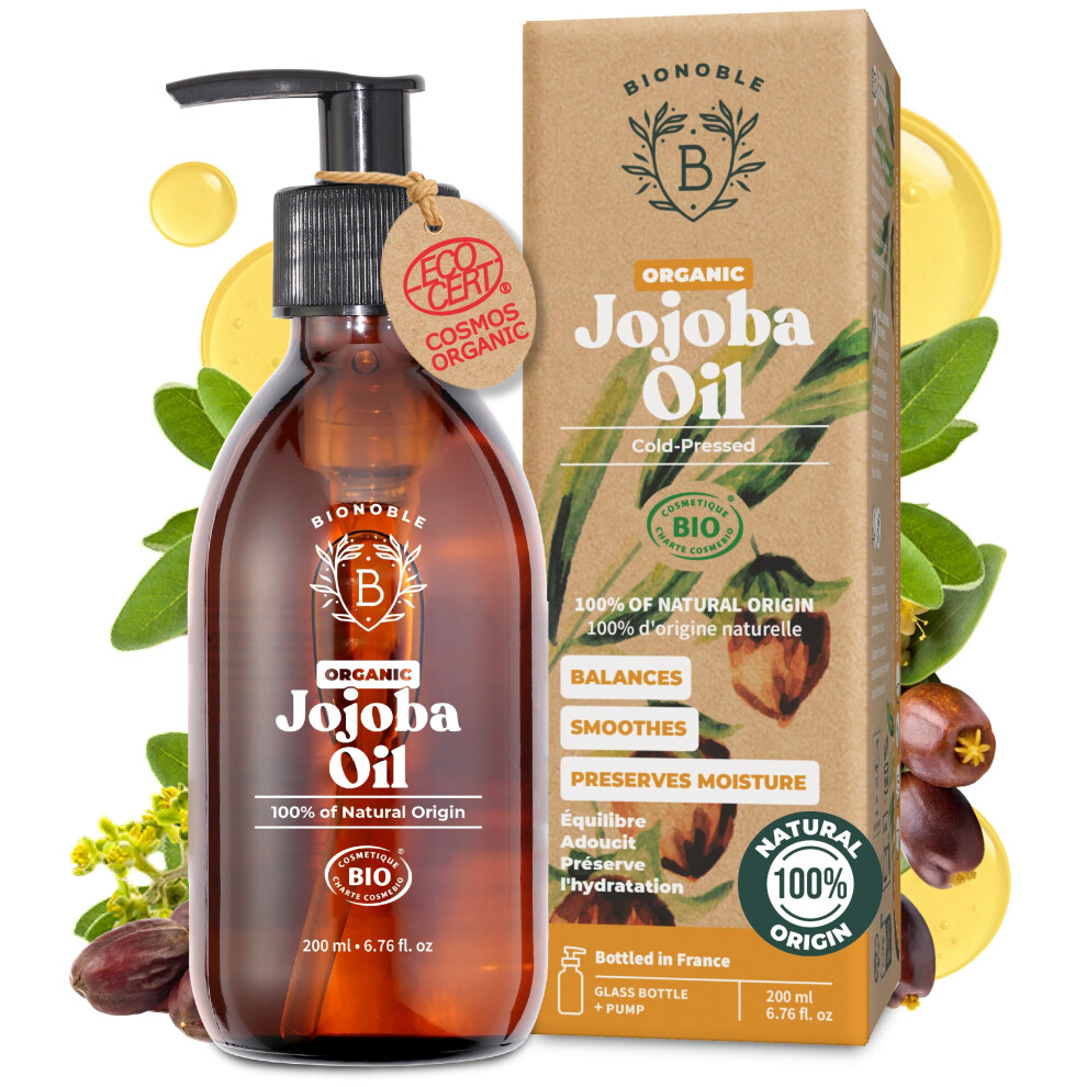 Bionoble Organic Jojoba Oil Cold Pressed Unrefined - Balances Sebum, Smoothes, Anti-Acne - 100% Pure Jojoba Oil For Skin, Face, Hair, Body - Vegan,