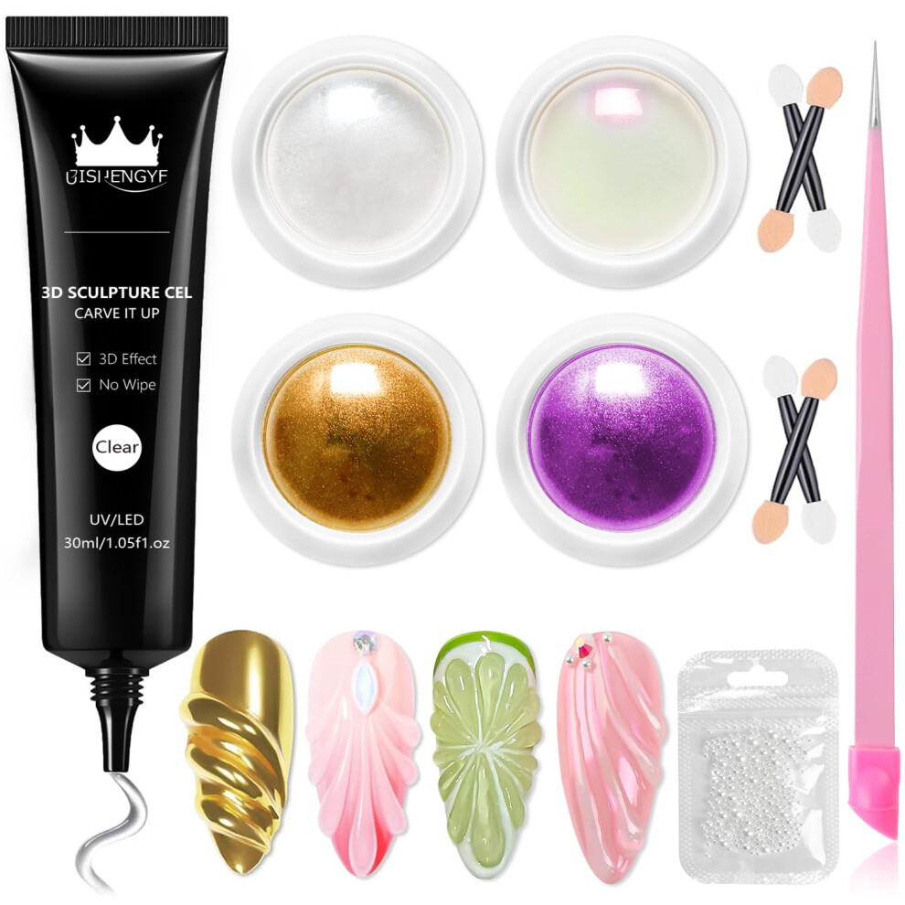 Bishengyf Pink/Gold No Wipe 3D Nail Gel: 30G Multifunctional 3D Gel For Nails And 4Pcs Pearl Chrome Nail Powder,Metallic Chrome Nail Powder,5D Molding
