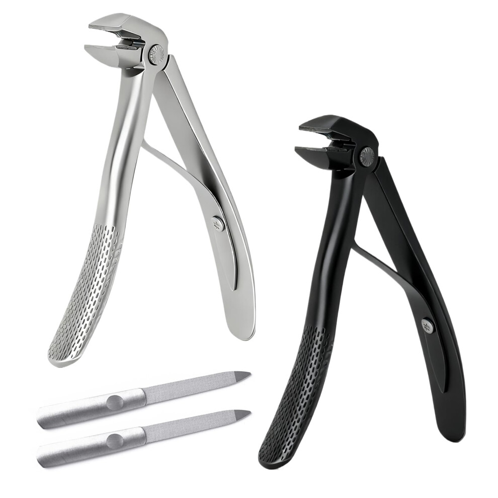 Heuiop 2 Pcs Nail Clippers For Seniors, Ergonomic Long Handled Nail Clippers With Catcher, Long Handled Toenail Clipper With 2 Nails File For Thick Toenails Black