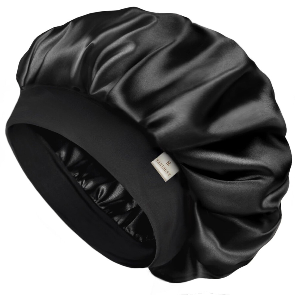 Yanibest Unisex Black Bonnet For Men Hair Bonnet For Sleeping Double Layer Satin Bonnets For Women Curly Hair Sleep Cap