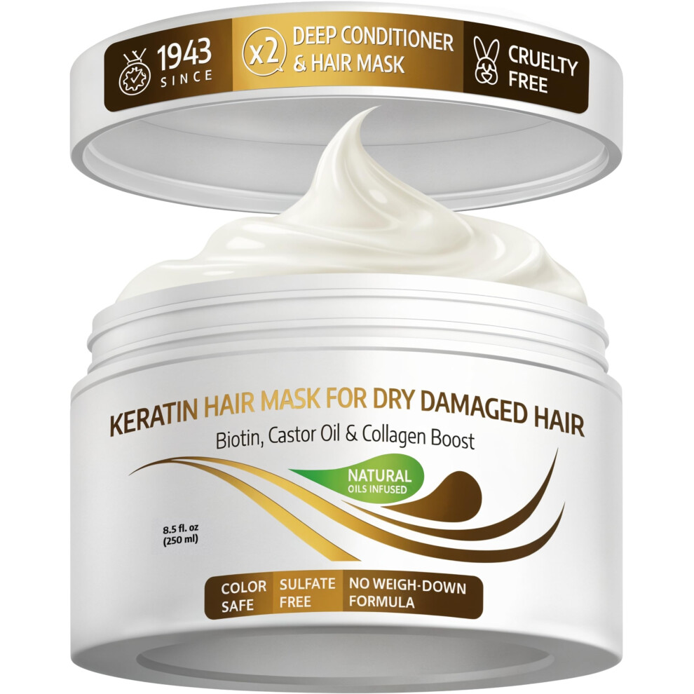 Vitamins Hair Cosmetics Keratin Hair Mask For Damaged Hair - Protein Keratin Treatment Deep Conditioner For Dry Locks - Collagen Biotin & Castor Oil