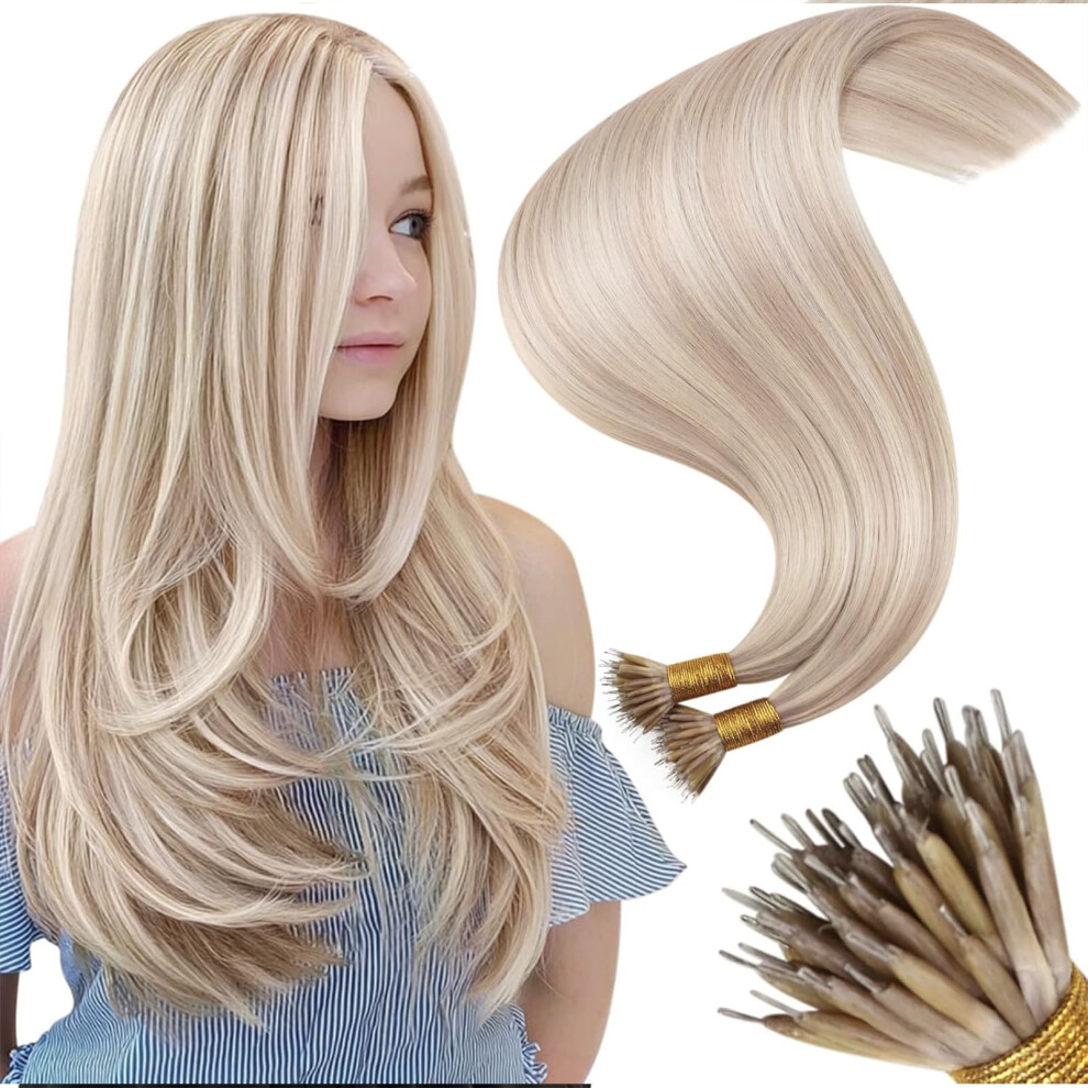 Moresoo Unisex Nano Human Hair Extensions Ash Blonde With Bleached Blonde Nano Beads Hair Extensions Real Hair 16 Inch Remy Human Straight Hair 1G/S 50G/Pack