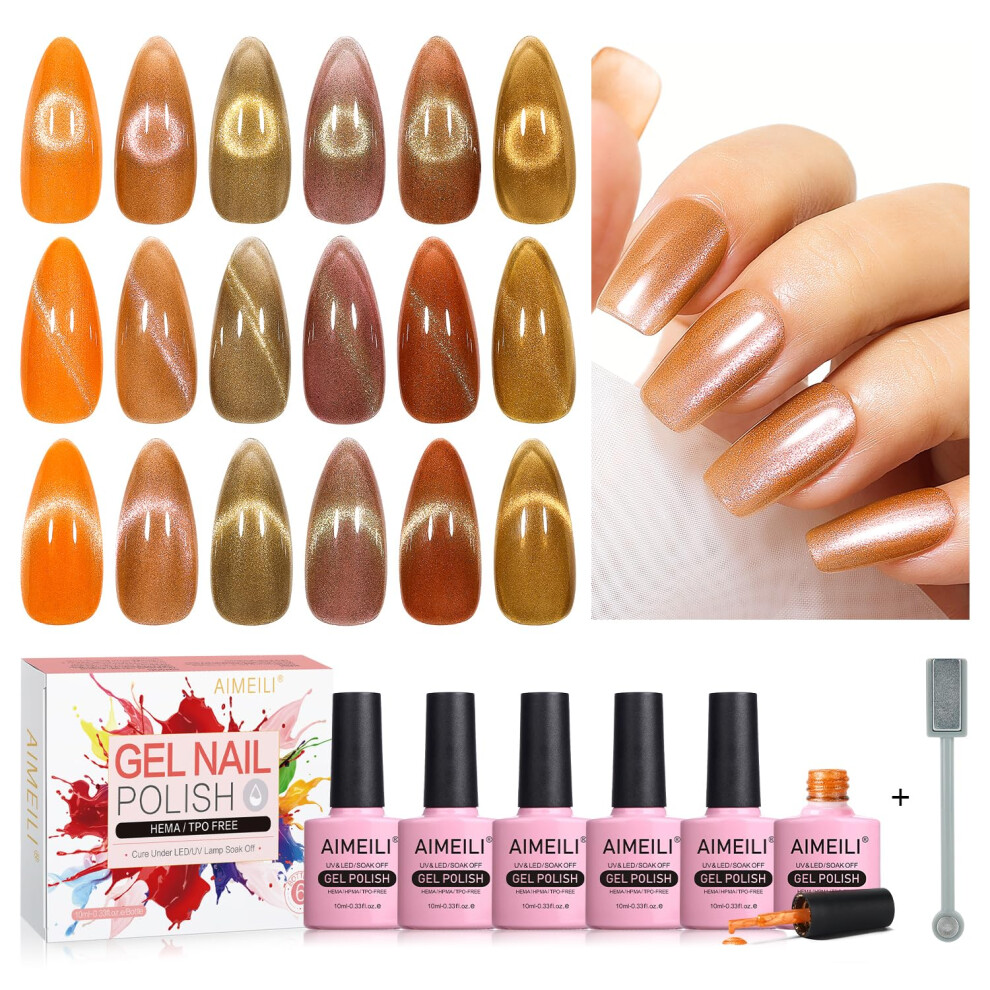 Aimeili Magnetic Gel Nail Polish Set With Magnetic Stick, 6Pcs Cat Eye Gel Nail Varnish Uv Led Nail Art Manicure Pedicure, Easy To Apply 10Ml - Gift