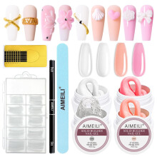AIMEILI Solid Nail Extension Builder Gel Set with Nail Tool Kit, Non Sticky Hard Gel Clear Pink Rude White UV LED for Nails, Rhinestones Glue Gel for