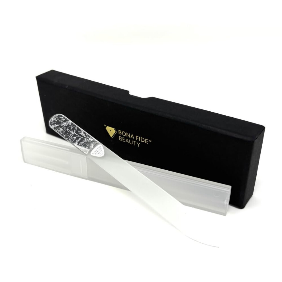 Bona Fide Beauty Czech Glass Nail File For Natural Nails (Floral Design), Giftable Box And New Travel Hardcase Included