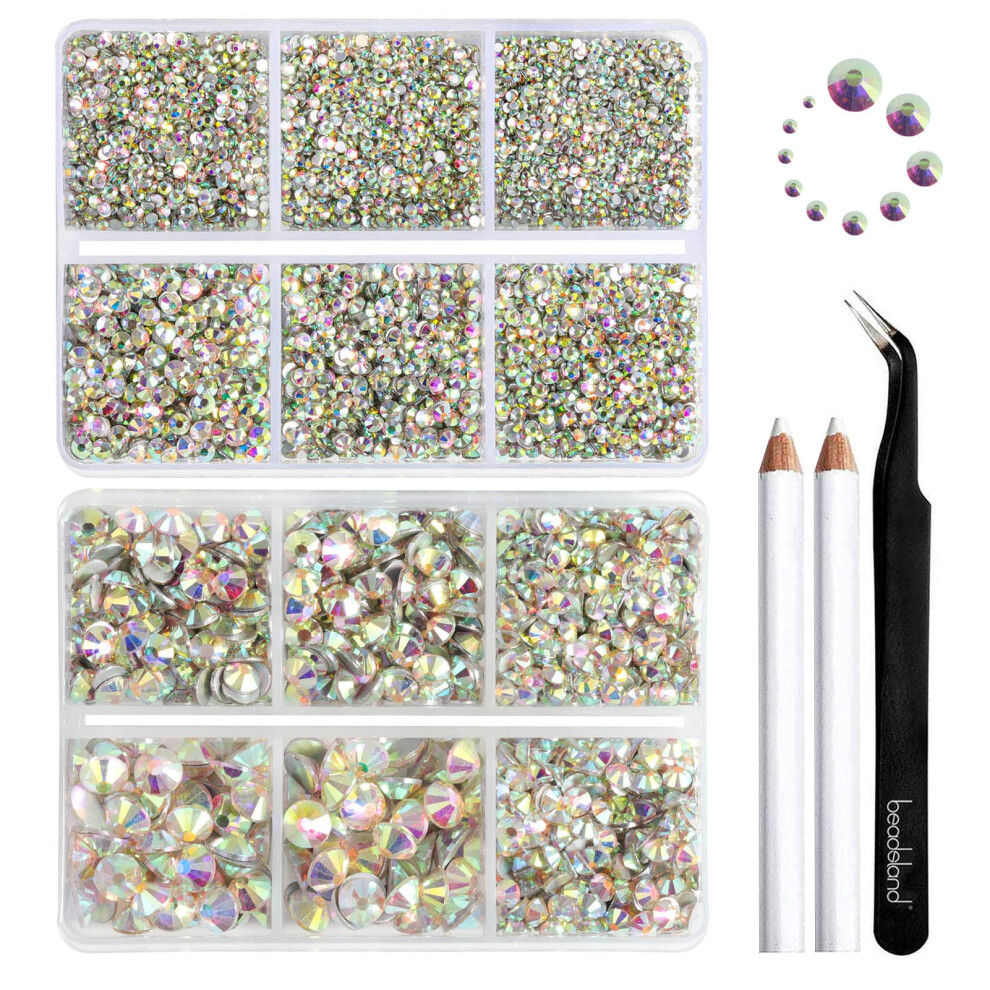 Beadsland 8300Pcs Flatback Rhinestones, Ab Crystal Rhinestone Nail Gems Round Crystal Rhinestones For Crafts, Mixed 10 Sizes With Wax Pencil And