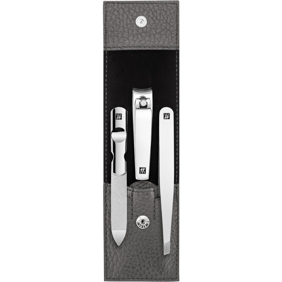 Zwilling Anthracite Manicure Set (3 Pieces, Nail Care And Pedicure, Genuine Leather Case, With Nail Clipper), Polished Stainless Steel,