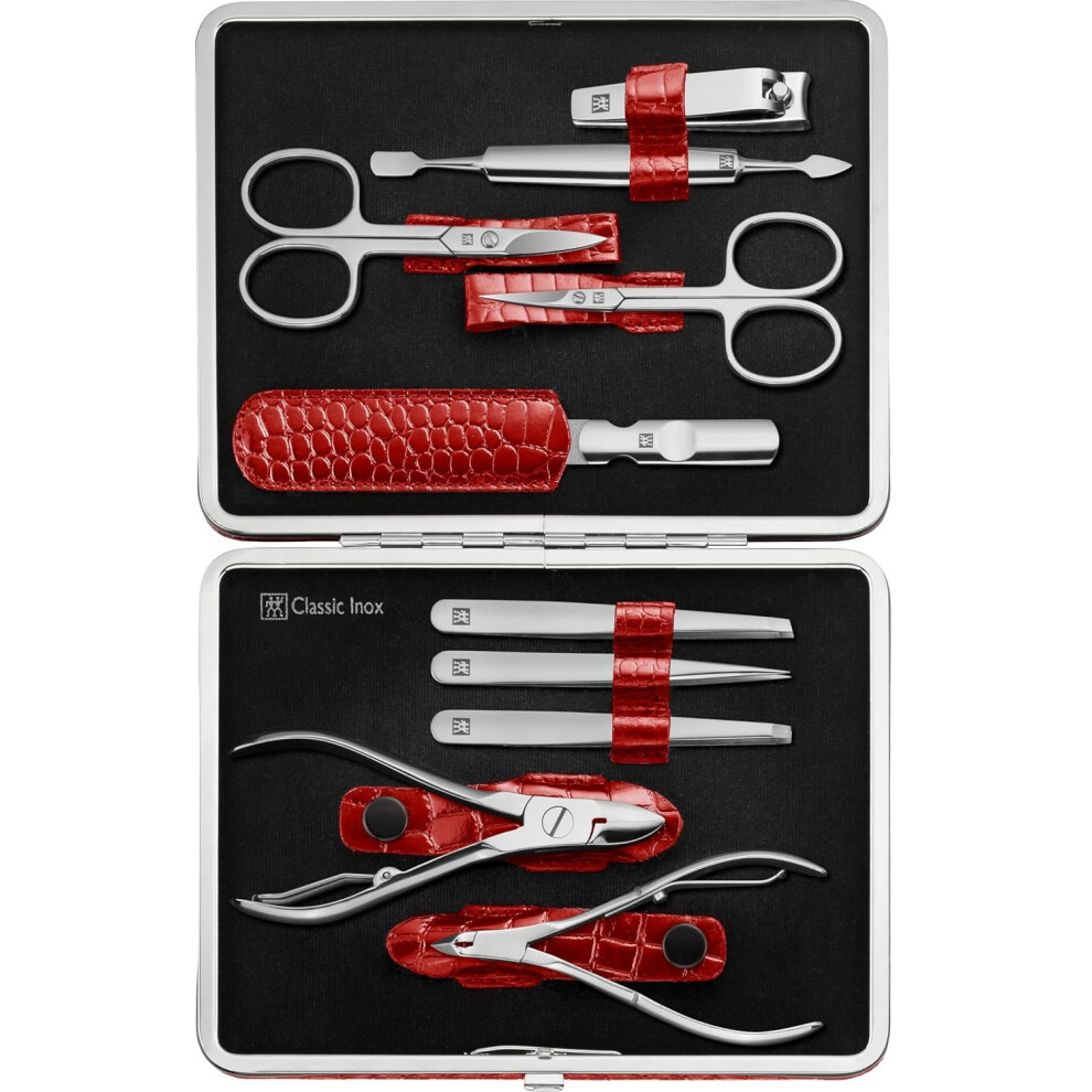 Zwilling Manicure Set (10 Pieces, Complete Set For Fingernails And Toenails, Real Leather Case With Metal Frame), Polished Stainless Steel, Crocodile
