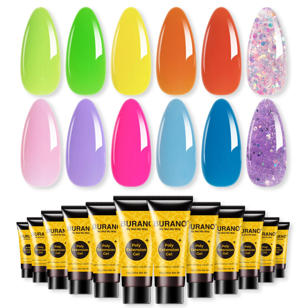 Burano Poly Nail Gel Set, 12 Colors Nail Poly Nails Extension Gel Kit For Beginner Professional Salon Using Home Diy 15G