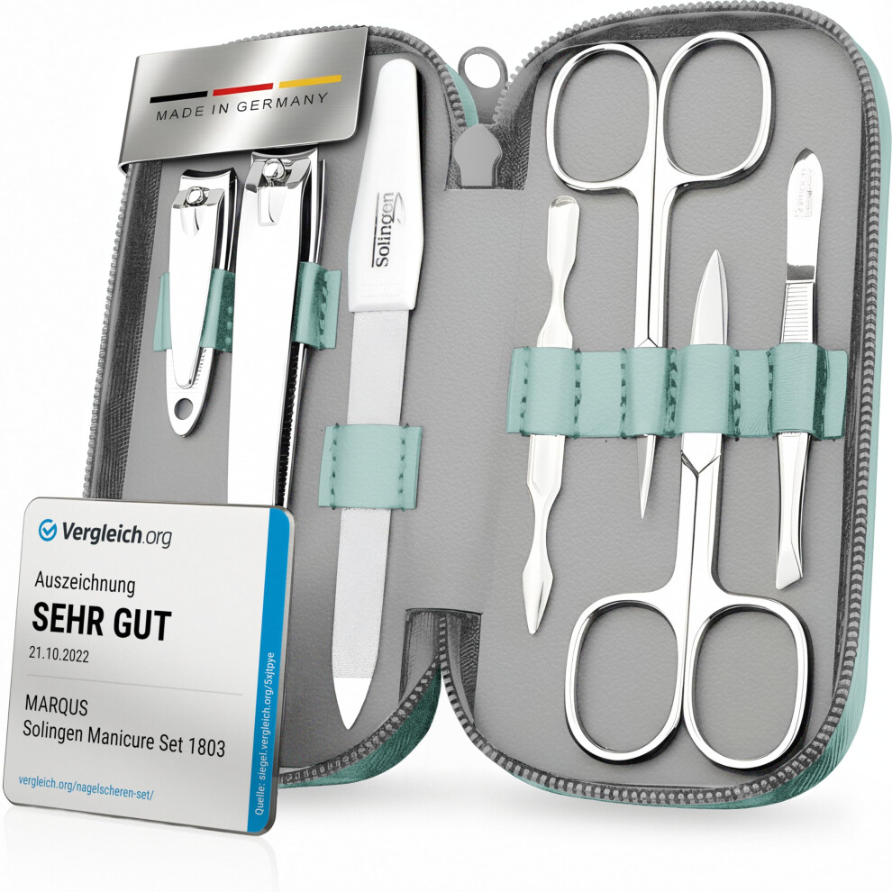 Marqus Solingen Manicure Set For Women & Men - Comparison Winner With Top Price/Performance Ratio - Handy And Soft Case - 7-Piece Grooming Kit, Mint