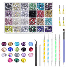 Glarks Rhinestone Gems Kit, 7300Pcs 18 Colors Rhinestones with Gems Adhesive Flat Back Gems Crystal Rhinestones with 12pcs Dotting Tools for Craft,
