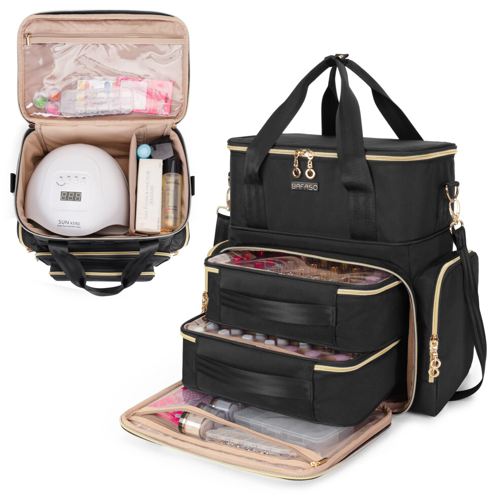 Bafaso Double Layer Nail Polish Organiser Holds 70 Bottles (15Ml - 0.5 Fl.oz) And A Nail Dryer, Nail Polish Case With 2 Removable Pouches And Tools