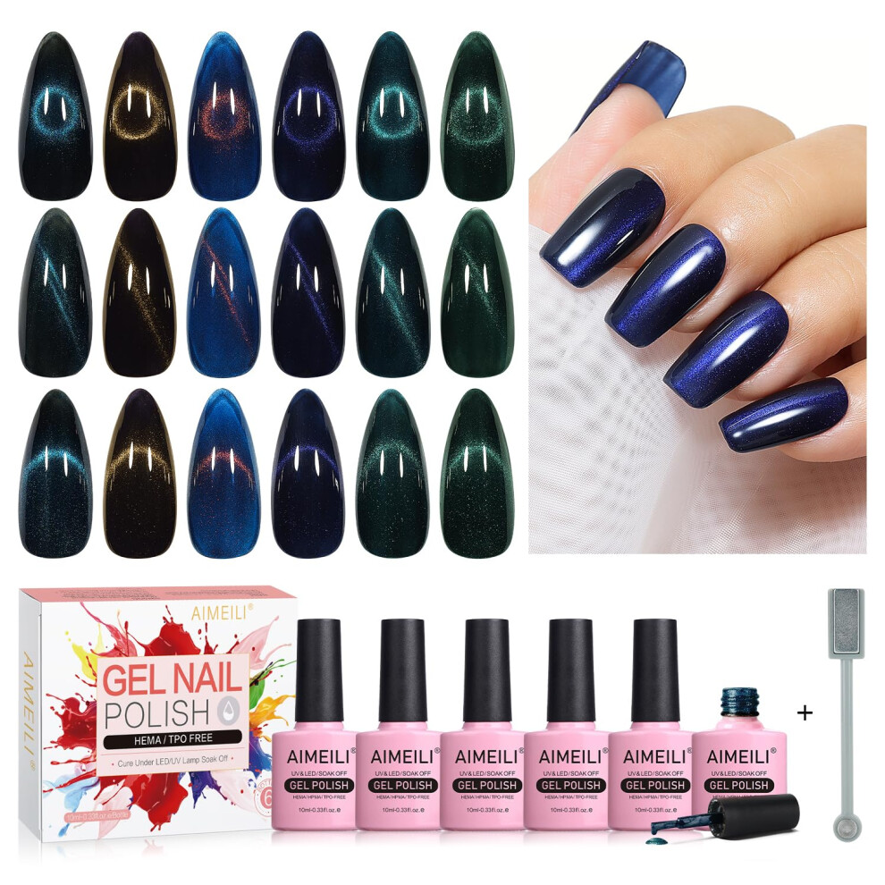 Aimeili Magnetic Gel Nail Polish Set With Magnetic Stick, 6Pcs Cat Eye Gel Nail Varnish Uv Led Nail Art Manicure Pedicure, Easy To Apply 10Ml - Gift
