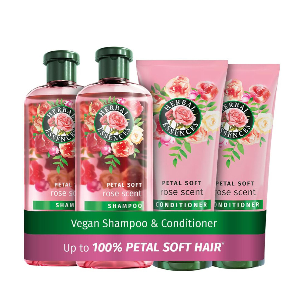 Herbal Essences Rose Scent Petal Soft Shampoo And Conditioner Set (2X350ml, 2X250ml) | Nourishes & Smoothens Dry Hair | Blended With Rose Essence &
