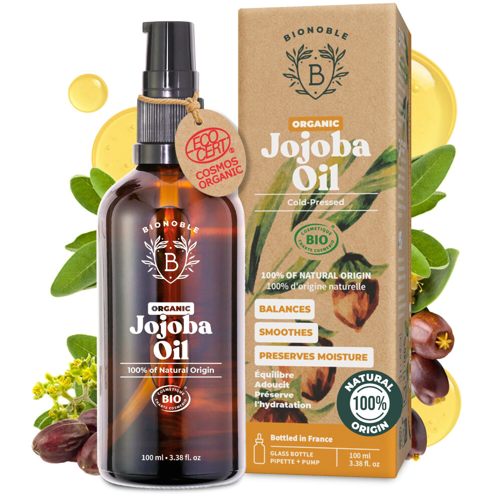 Bionoble Organic Jojoba Oil Cold Pressed Unrefined - Balances Sebum, Smoothes, Anti-Acne - 100% Pure Jojoba Oil For Skin, Face, Hair, Body - Vegan,
