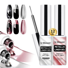 U-Shinein 2x12ml Metallic Painting Nail Gel Liner, Silver & Rose Gold Metal Painted Drawing Gel, Strong Mirror Reflection Nail Art Paint, Nail Liner