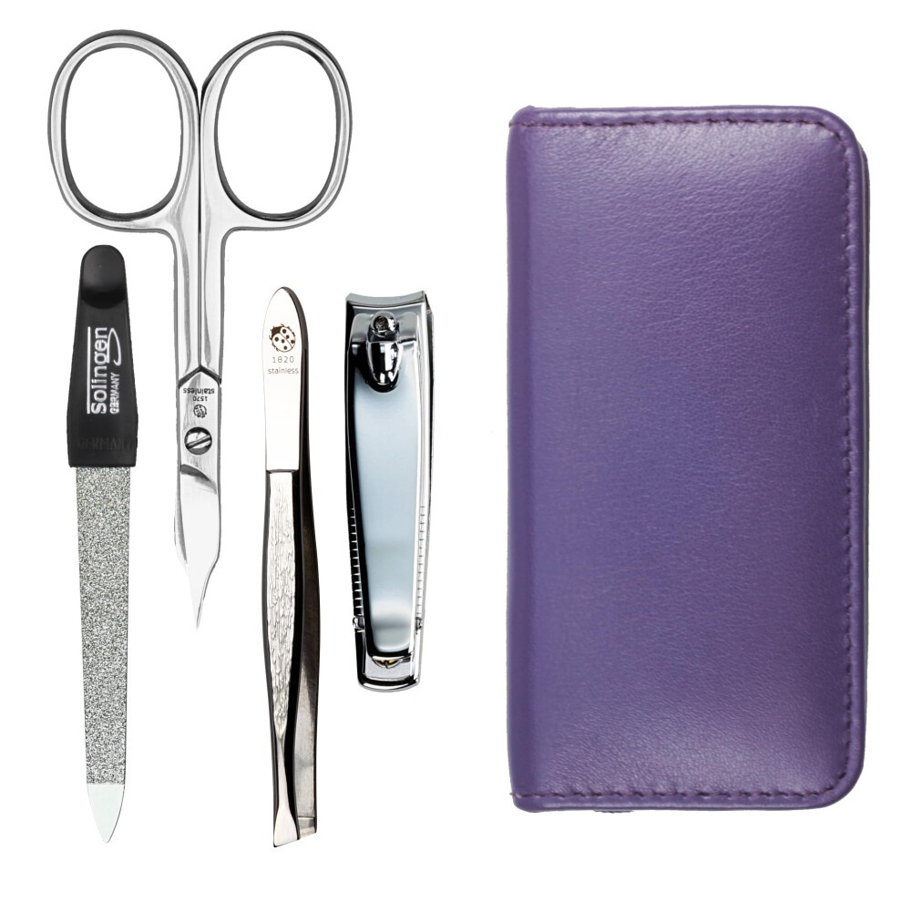 Sonnenschein By Hans Kniebes Manicure Set 4-Piece Travel Case - Nail Scissors, Nail Clippers, Nail File And Tweezers - Case Made Of Genuine Nappa Lambskin Leather - Manicure And
