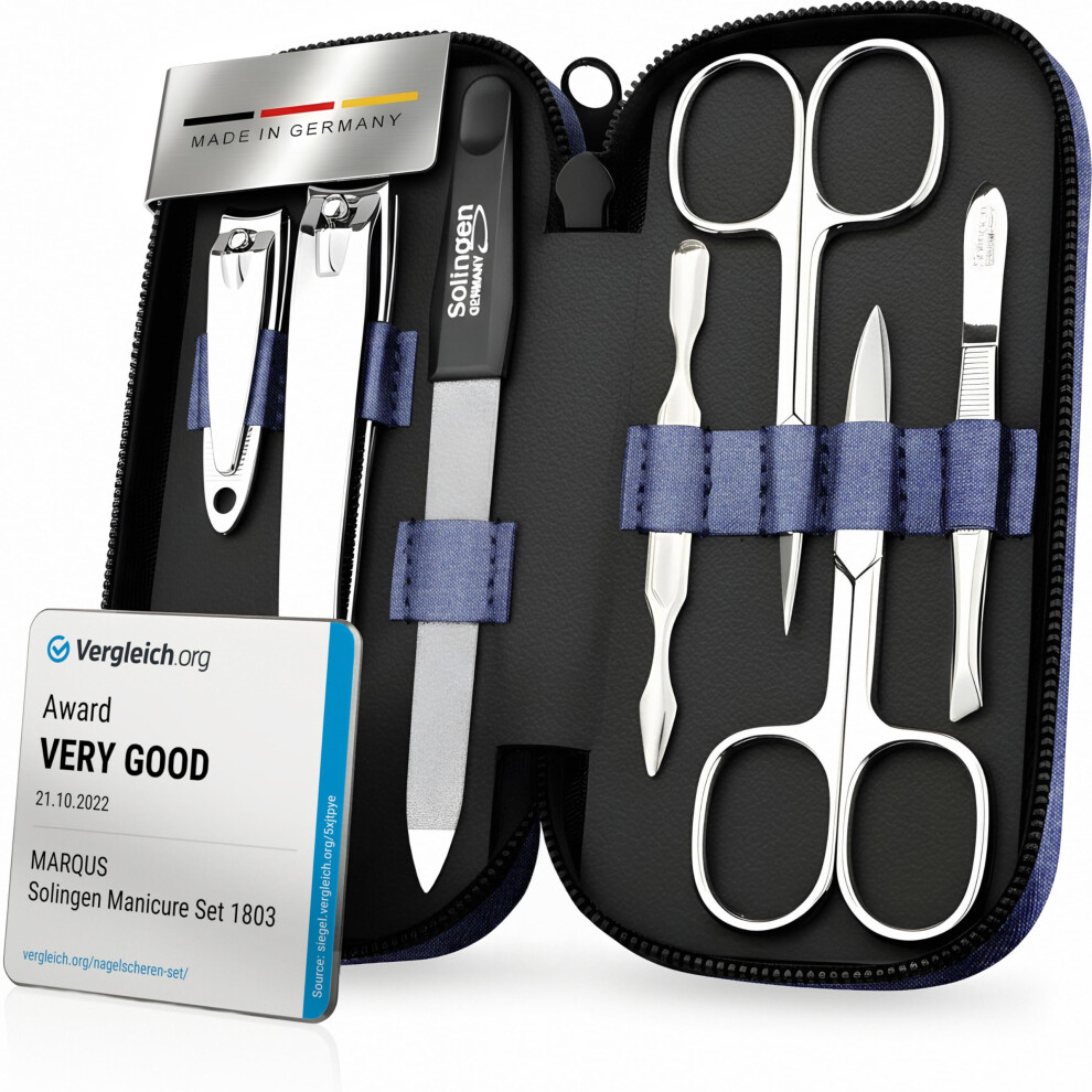 Marqus Solingen Manicure Set For Women & Men - Comparison Winner With Top Price/Performance Ratio - Handy And Soft Case - 7-Piece Grooming Kit, Jeans