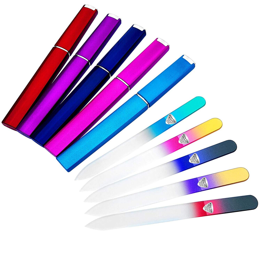 Bona Fide Beauty 5-Pack Czech Glass Nail File With Case Set - Professional Crystal Nail Files For Natural Nails (Multicolor). Thoughtful Gifts,