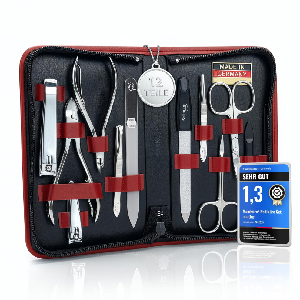 Marqus Solingen Manicure Set For Women And Men - 12 Pcs Kit - Made In Germany Incl. Nail Nippers, Glass Nailfile & Pedicure Tools - For Natural, Ceramic &