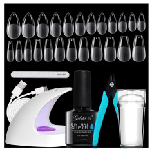 Gelike ec Gel Nail Kit for Manicure - French Nails Stamp, 6 in 1 Gel Glue Adhesive, 240PCS Soft Almond & Coffin Full Cover Tips, UV Lamp - Easy for