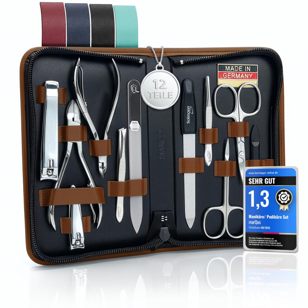 Marqus Solingen Manicure Set For Women And Men - 12 Pcs Kit - Made In Germany Incl. Nail Nippers, Glass Nailfile & Pedicure Tools - For Natural, Ceramic &