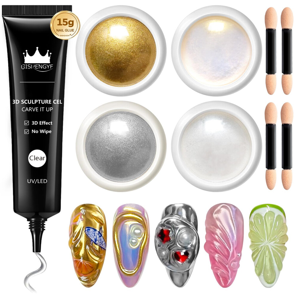 Bishengyf Gold 3D Nail Gel:4 Jars Metallic Mirror Nail Effect Pigment Chrome Powders For Nails,Iridescent Rose Chrome Nail Powder,3D Sculpting Nail