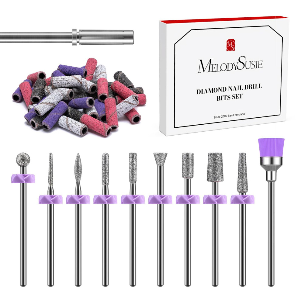 Melodysusie 10Pcs Diamond Sanding Nail Drill Bits Set With 40Pcs Small Sanding Bands (#120#180#240 Grits) And 3.1Mm Mandrel Bit, Gel Nail Polish