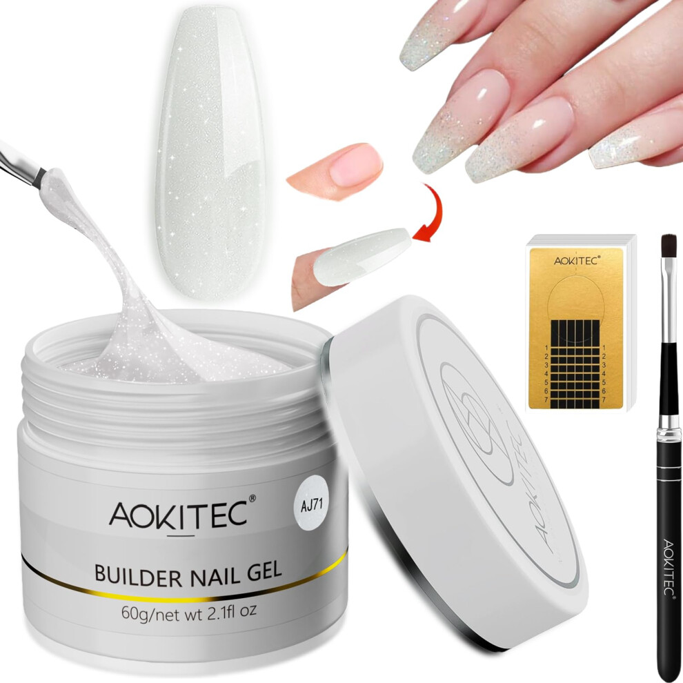 Aokitec White Builder Gel For Nails - 60G Glitter Uv Hard Gel For Nails With 100Pcs Nail Forms & Brush For Broken Nail Repair & Strengthen Extension,