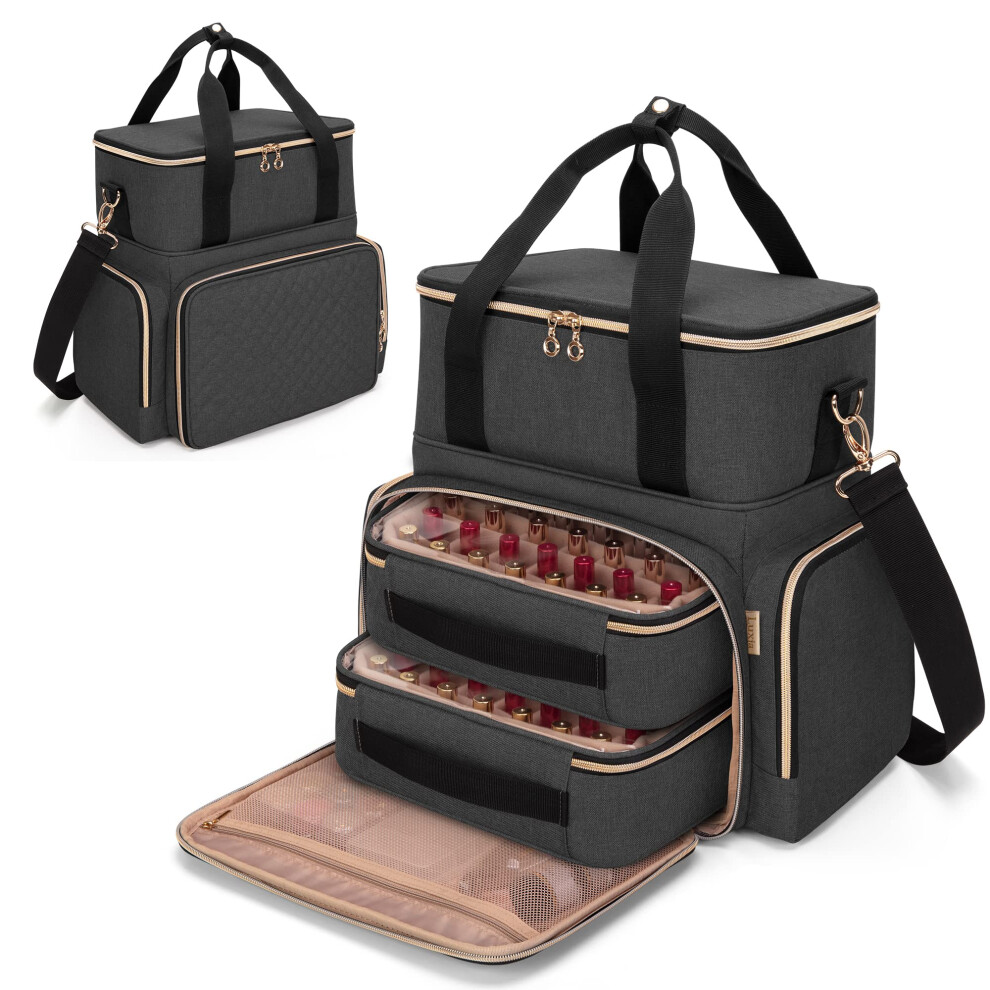 Luxja Black Nail Polish Organiser Holds 70 Bottles And A Nail Lamp, Nail Polish Case With 2 Removable Bags And Tools Storage Pockets (Patent Pending),